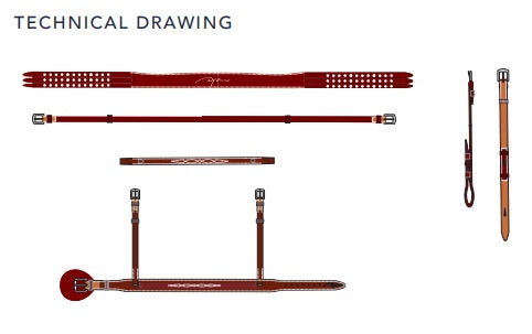 Technical drawing of a red leather whip with various components on a white background.