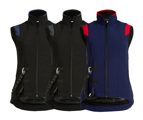 Three vests in black and navy with red accents on a transparent background
