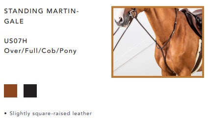 Horse saddle with bridle on a white background, featuring 'STANDING MARTIN- GALE' text and product details.