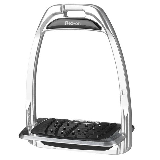 Equestrian stirrup with 'Flex-on' branding on a white background