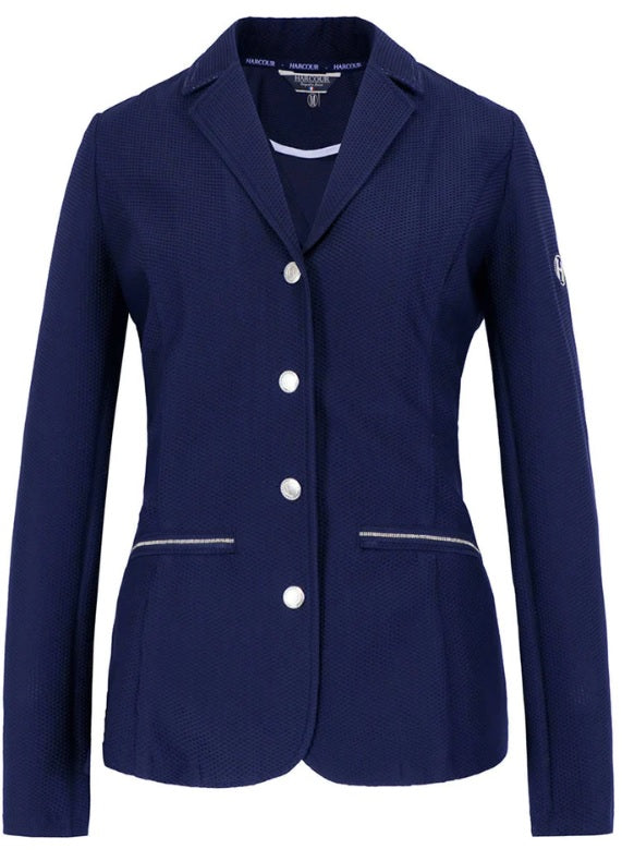 Navy blue jacket with white buttons on a white background