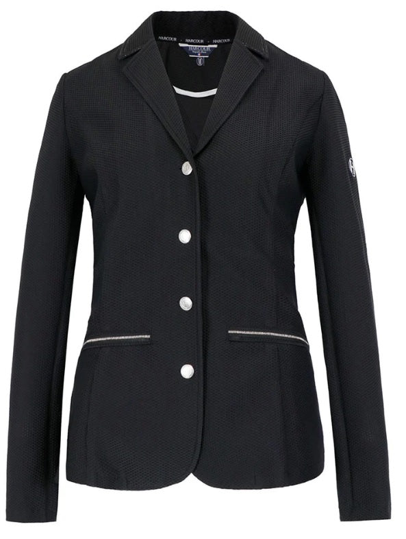 Black blazer with silver buttons on a white background