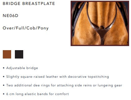 BRIDGE BREASTPLATE NE06D product description with leather image and features listed.