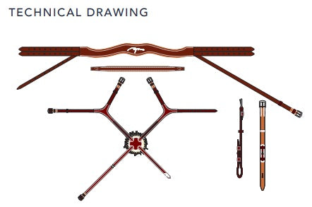 Technical drawing of a bow and its components on a white background