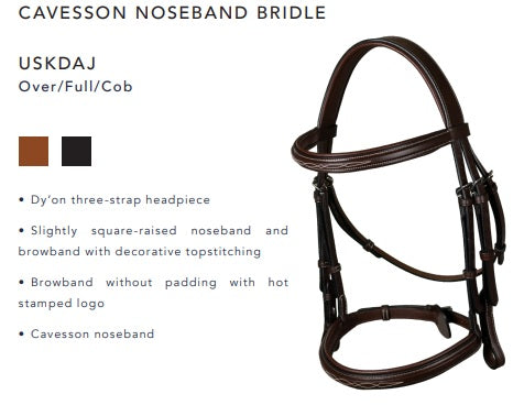 Cavesson noseband bridle with detailed description on a white background