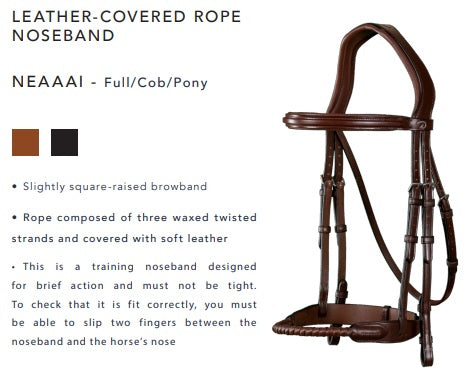 Leather-covered rope noseband for horses with product details on a white background