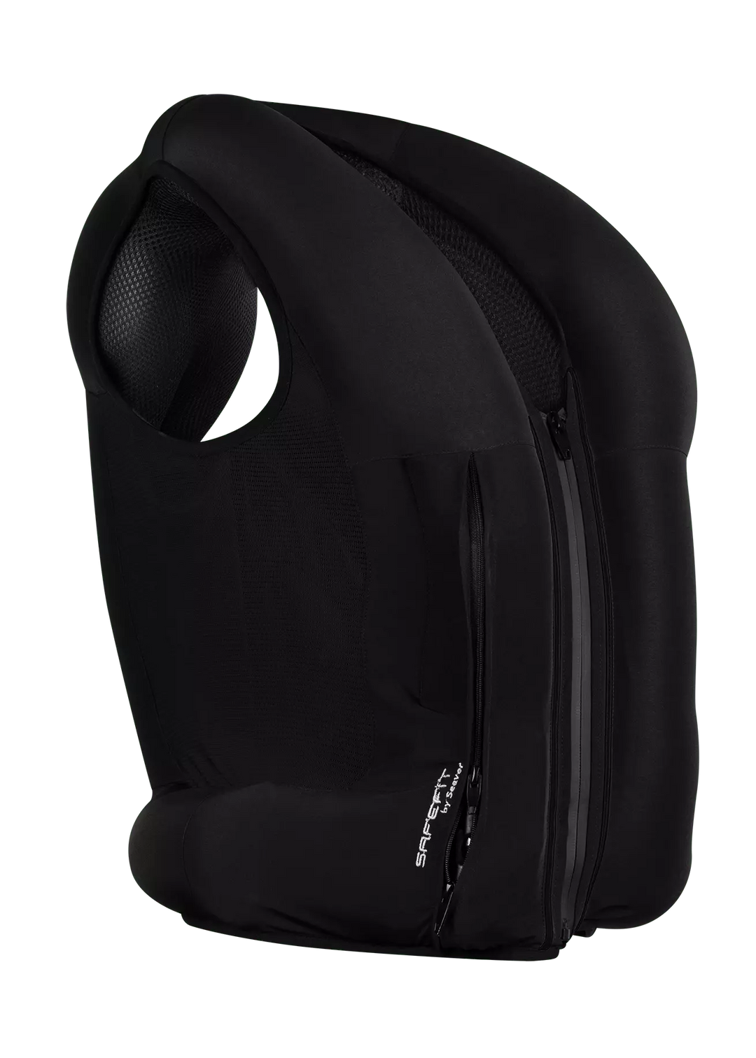 Black backpack with a visible brand logo on a white background