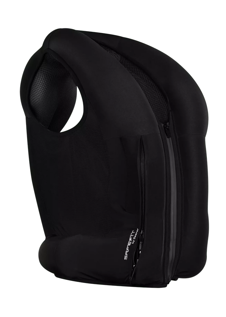 Black backpack with a visible brand logo on a white background